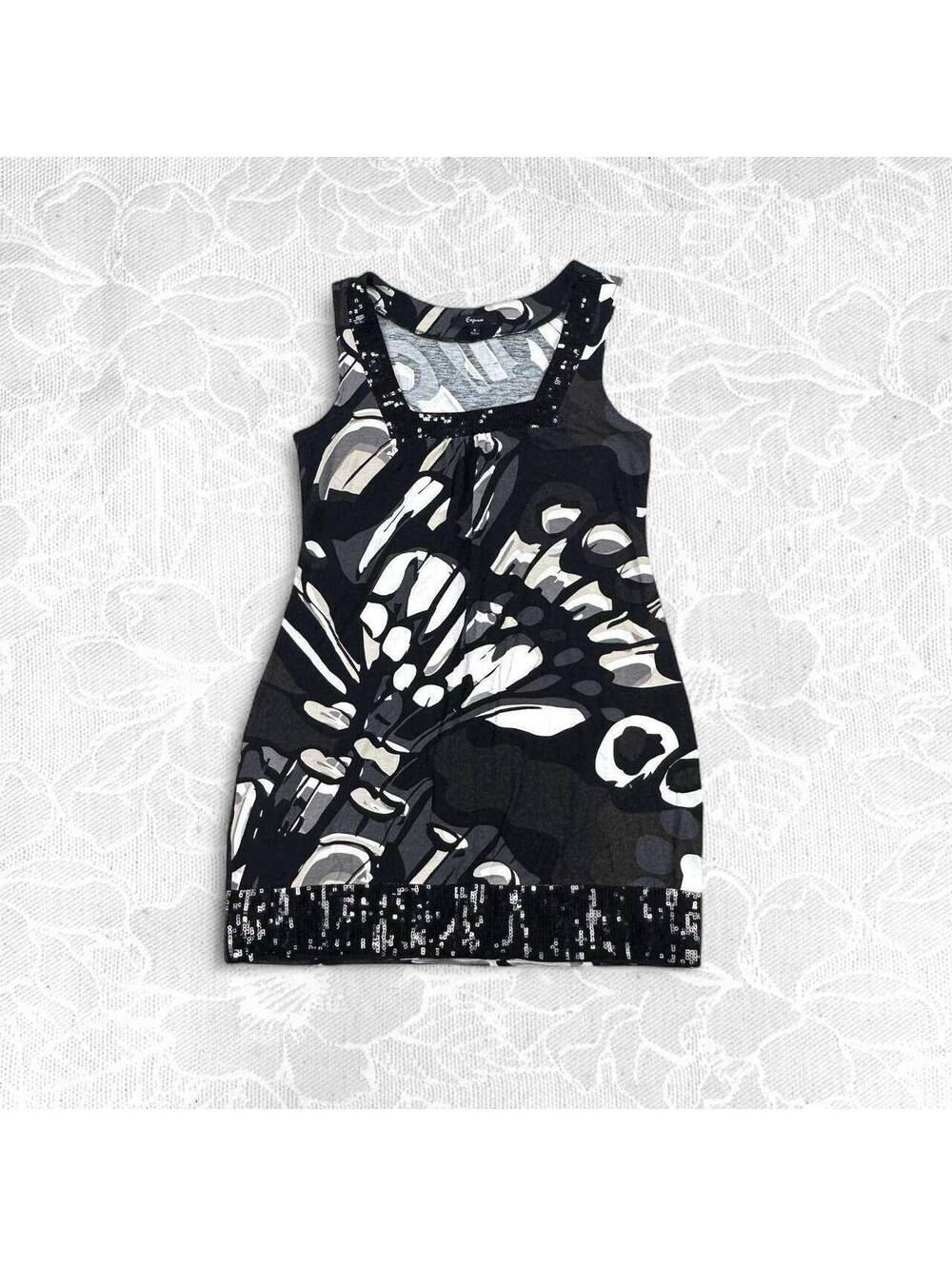 Express Y2K-Era Black & Gray Sequin-Trimmed Sleeveless Mini Dress - Small